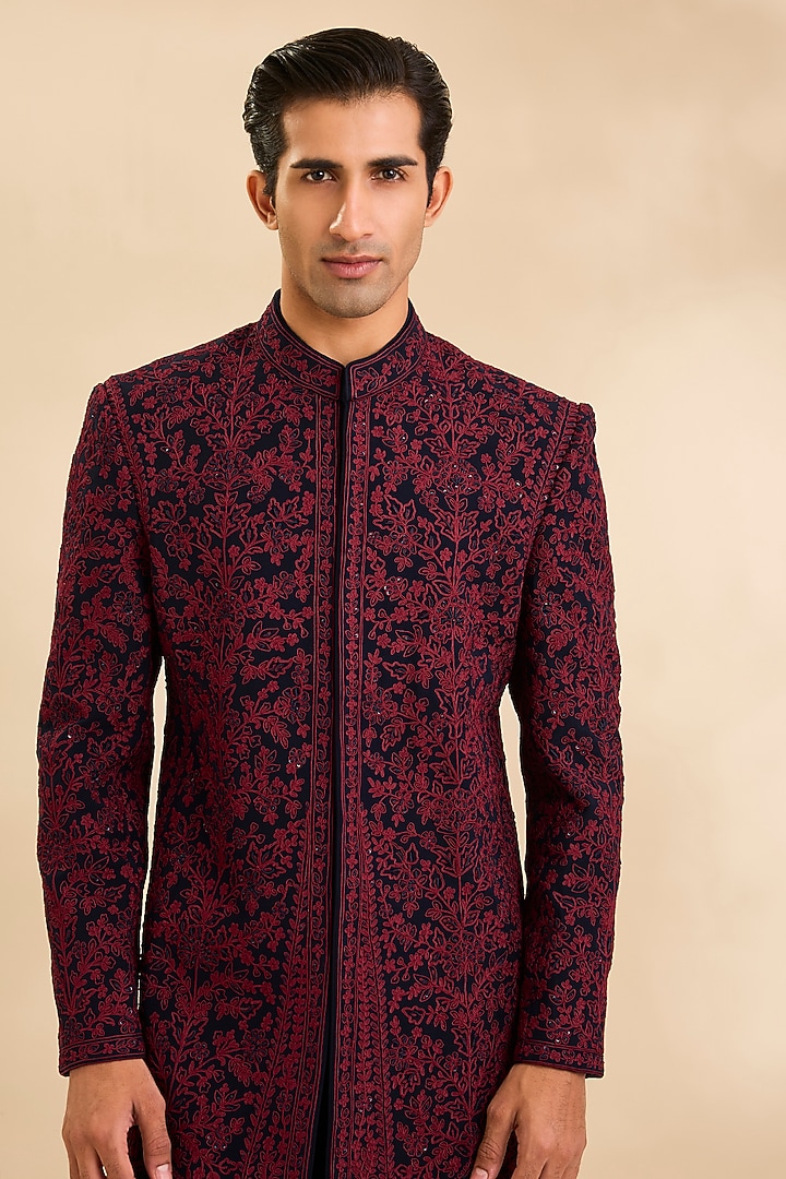 Wine & Navy Sandwash Fabric Groom Indowestern Set by Sarab Khanijou at Pernia's Pop Up Shop