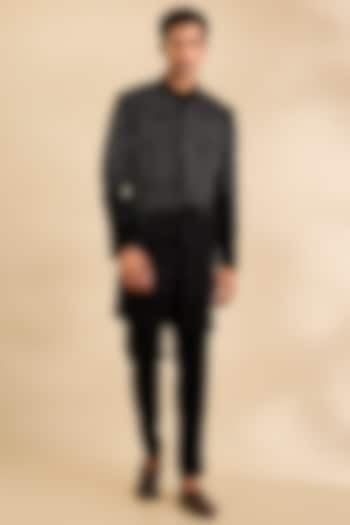 Black Suiting Fabric Groom Indowestern Set by Sarab Khanijou at Pernia's Pop Up Shop