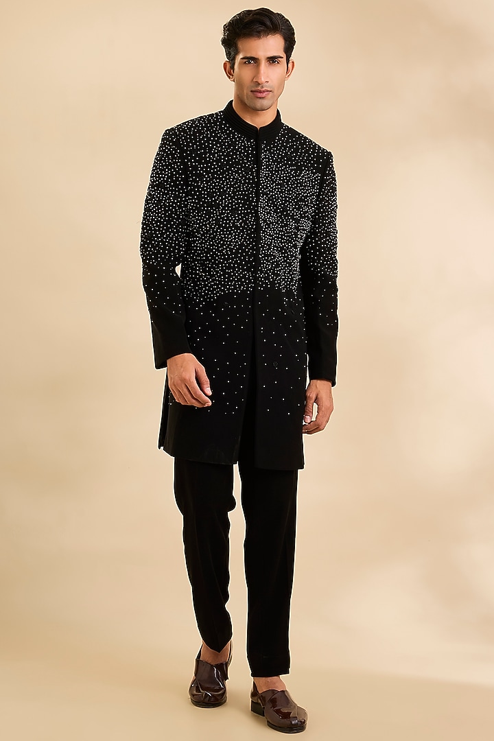 Black Suiting Fabric Groom Indowestern Set by Sarab Khanijou at Pernia's Pop Up Shop