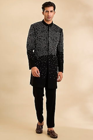 Black Suiting Fabric Indowestern Set by Sarab Khanijou