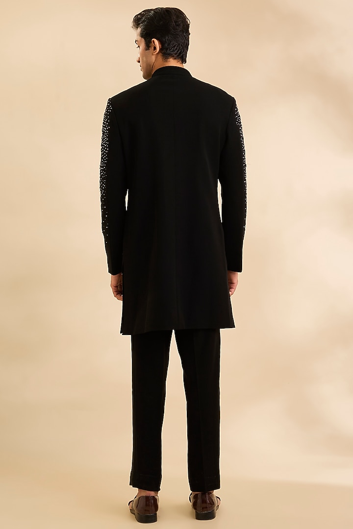 Black Suiting Fabric Groom Indowestern Set by Sarab Khanijou at Pernia's Pop Up Shop