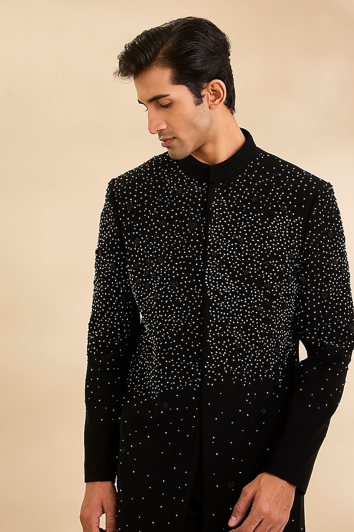 Black Suiting Fabric Groom Indowestern Set by Sarab Khanijou at Pernia's Pop Up Shop
