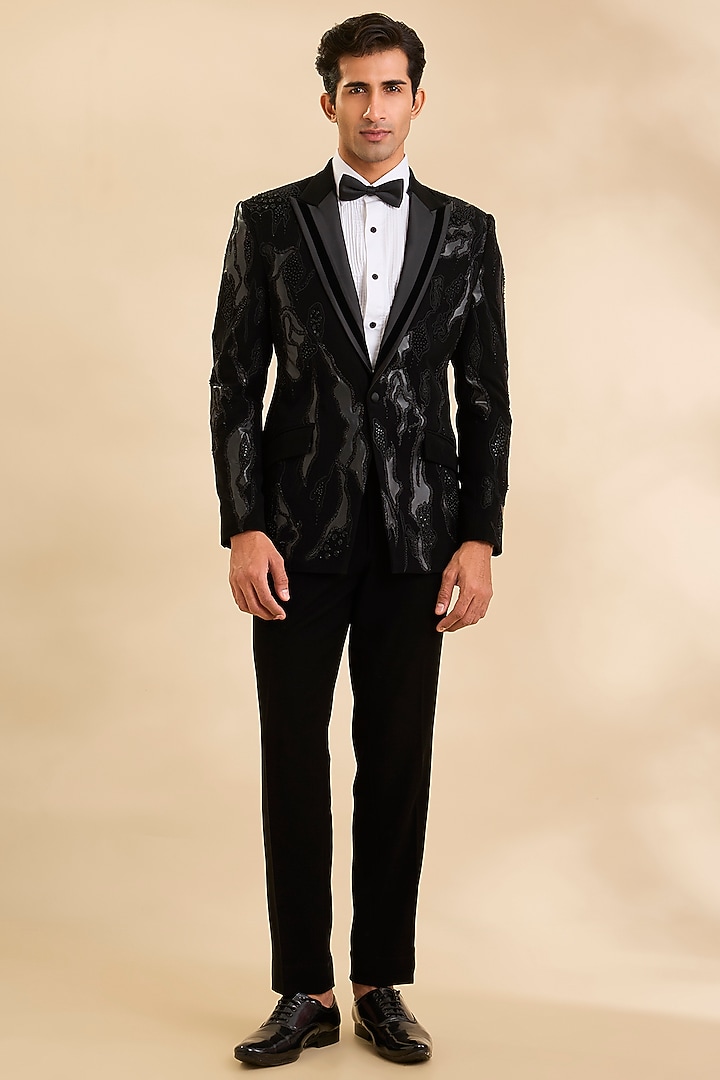 Black Suiting Fabric Tuxedo Set by Sarab Khanijou at Pernia's Pop Up Shop