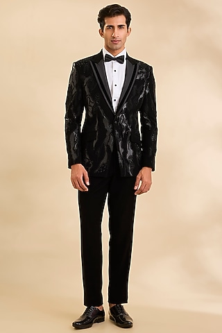 Black Suiting Fabric Tuxedo Set by Sarab Khanijou