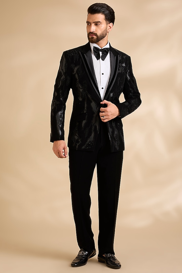 Black Suiting Fabric Tuxedo Set by Sarab Khanijou at Pernia's Pop Up Shop