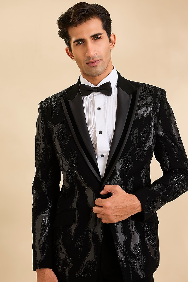 Black Suiting Fabric Tuxedo Set by Sarab Khanijou at Pernia's Pop Up Shop