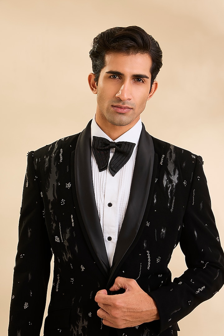 Black Suiting Fabric Tuxedo Set by Sarab Khanijou at Pernia's Pop Up Shop