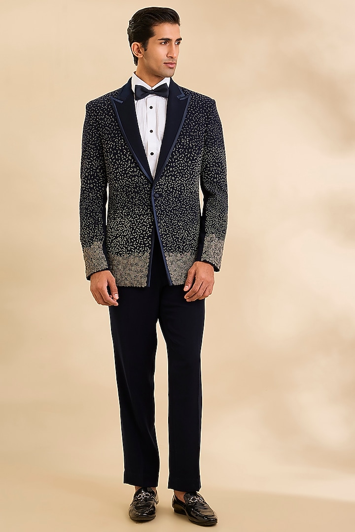 Midnight Blue Suiting Fabric Tuxedo Set by Sarab Khanijou at Pernia's Pop Up Shop