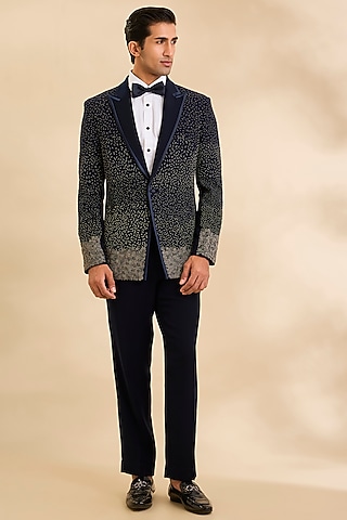 Midnight Blue Suiting Fabric Tuxedo Set by Sarab Khanijou
