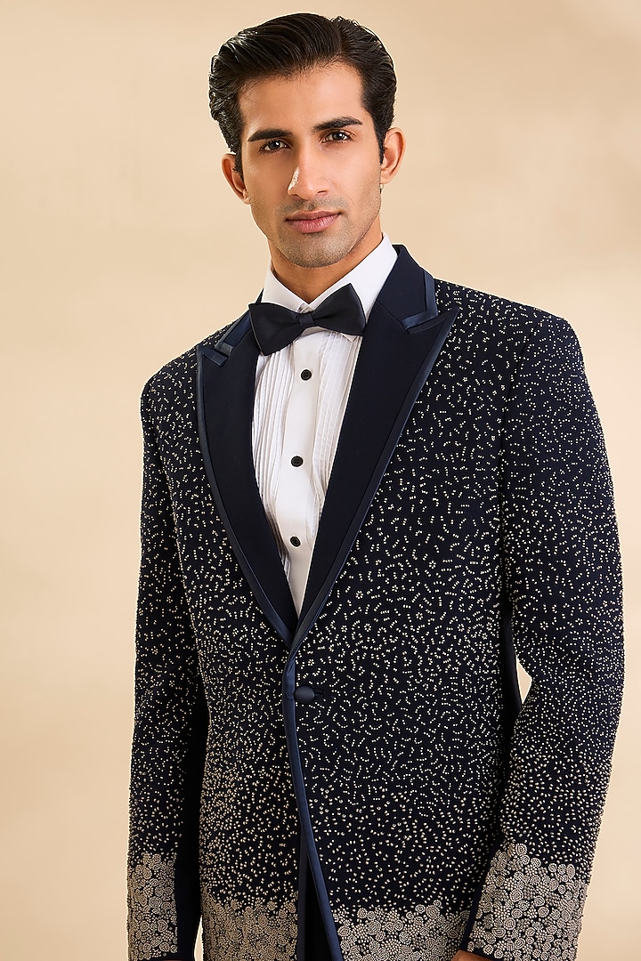 Midnight Blue Suiting Fabric Tuxedo Set by Sarab Khanijou at Pernia's Pop Up Shop