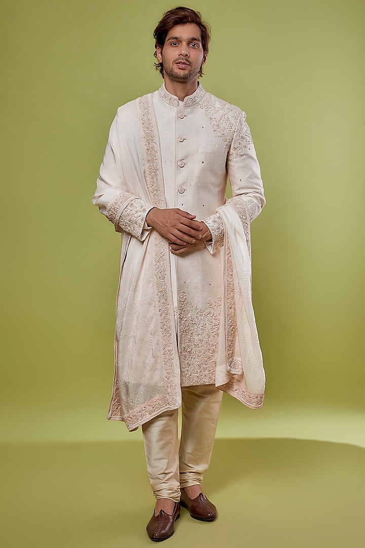 Nude-Peach Raw Silk Sequins Embroidered Sherwani Set by Sarab Khanijou