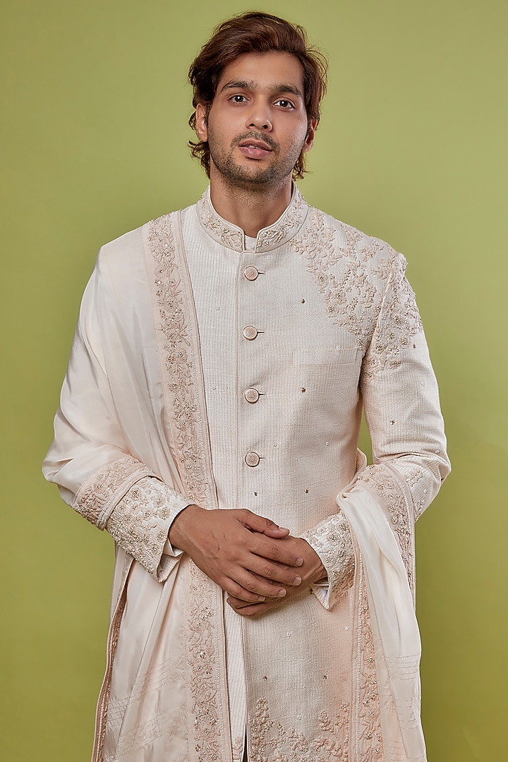 Nude-Peach Raw Silk Sequins Embroidered Groom Sherwani Set by Sarab Khanijou at Pernia's Pop Up Shop