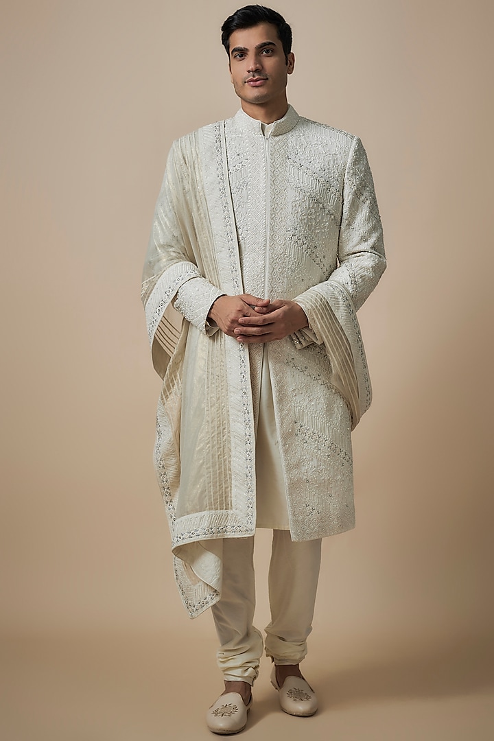 Ivory Organza & Silk Embroidered Sherwani Set by Sarab Khanijou