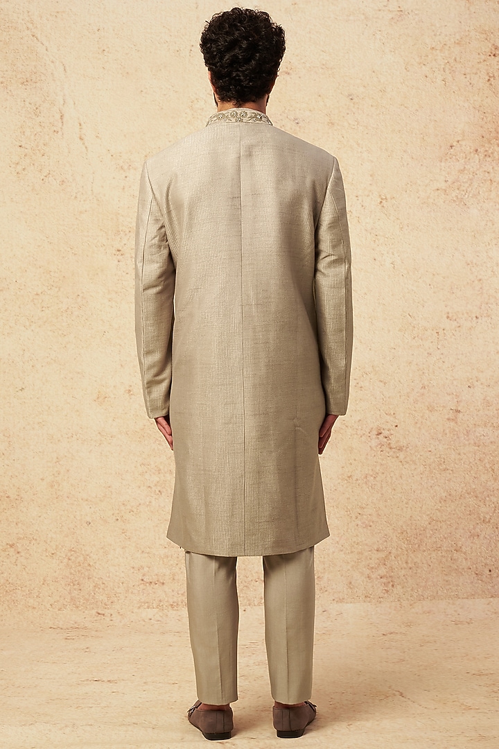 Grey Raw Silk Embroidered Wedding Indowestern Jacket Set by Sarab Khanijou at Pernia's Pop Up Shop