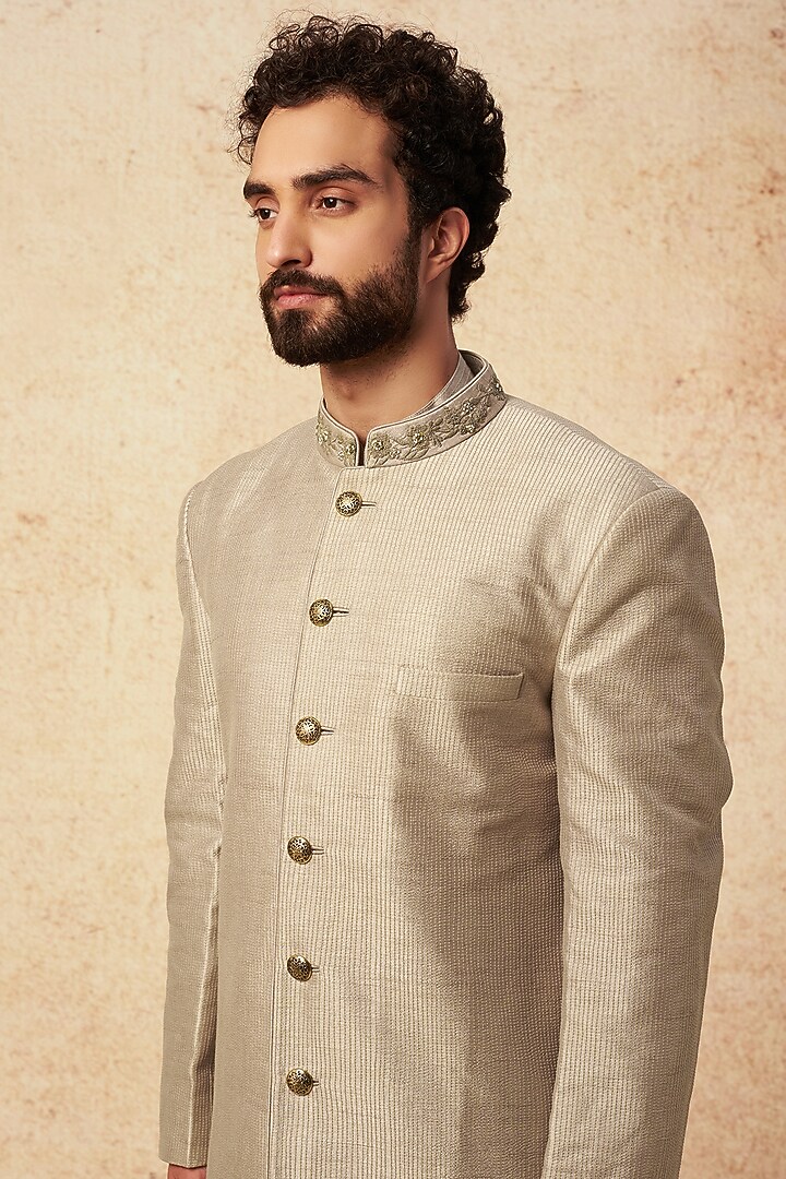 Grey Raw Silk Embroidered Wedding Indowestern Jacket Set by Sarab Khanijou at Pernia's Pop Up Shop