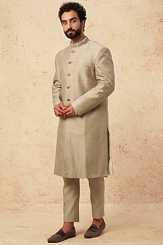 Grey Raw Silk Embroidered Indowestern Jacket Set by Sarab Khanijou