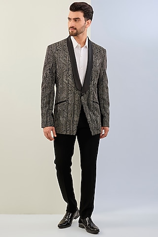 Black Sandwash Embroidered Tuxedo Set by Sarab Khanijou