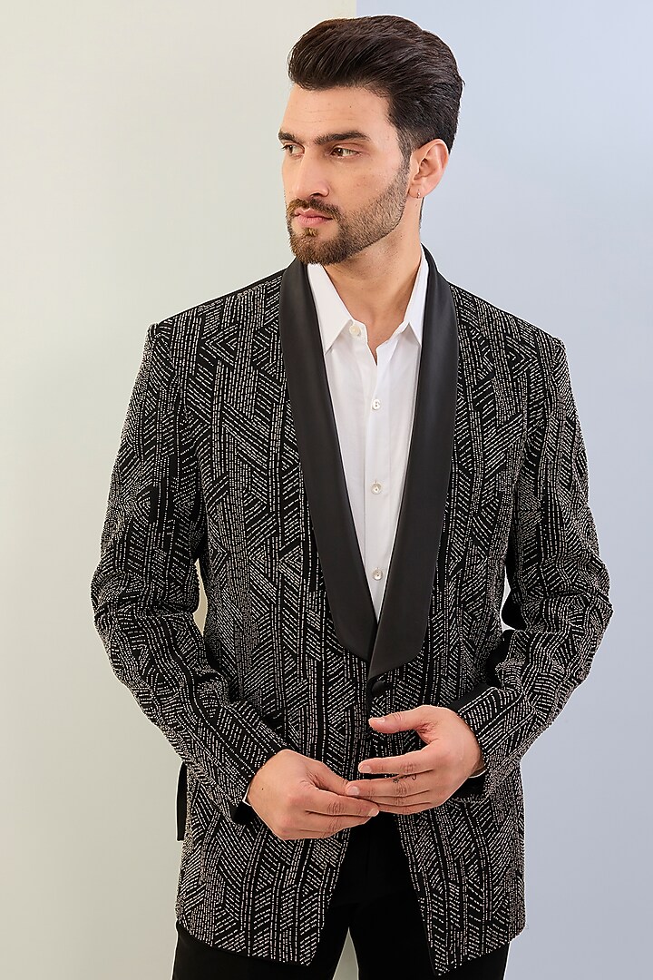 Black Sandwash Embroidered Tuxedo Set by Sarab Khanijou at Pernia's Pop Up Shop