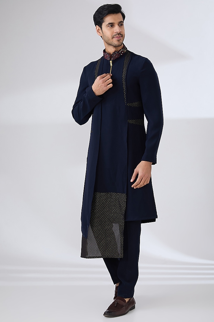 Navy Blue Sandwash Thread Embroidered Kurta Set by Sarab Khanijou