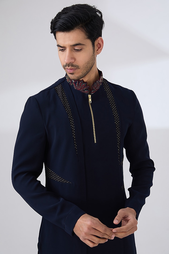 Navy Blue Sandwash Thread Embroidered Kurta Set by Sarab Khanijou at Pernia's Pop Up Shop
