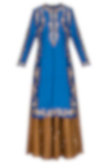 Blue & Brown Embroidered Lehenga Set by Joy Mitra