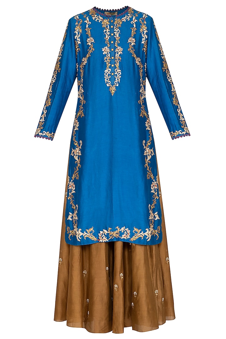 Blue & Brown Embroidered Lehenga Set by Joy Mitra