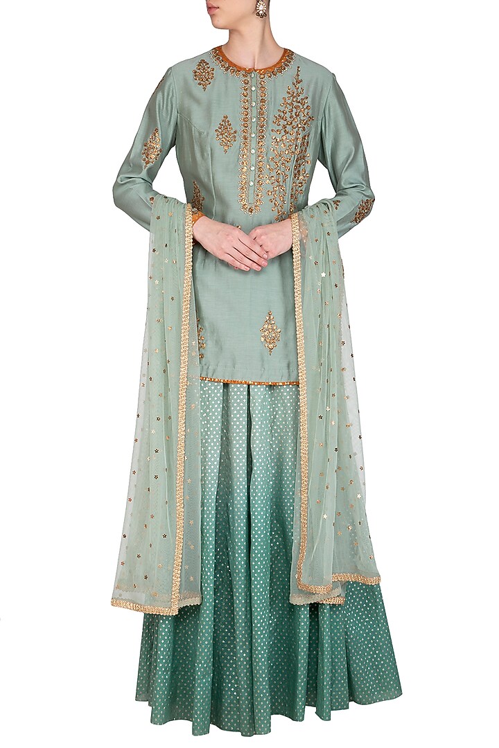 Turquoise Green Embroidered Wedding Lehenga Set by Joy Mitra at Pernia's Pop Up Shop