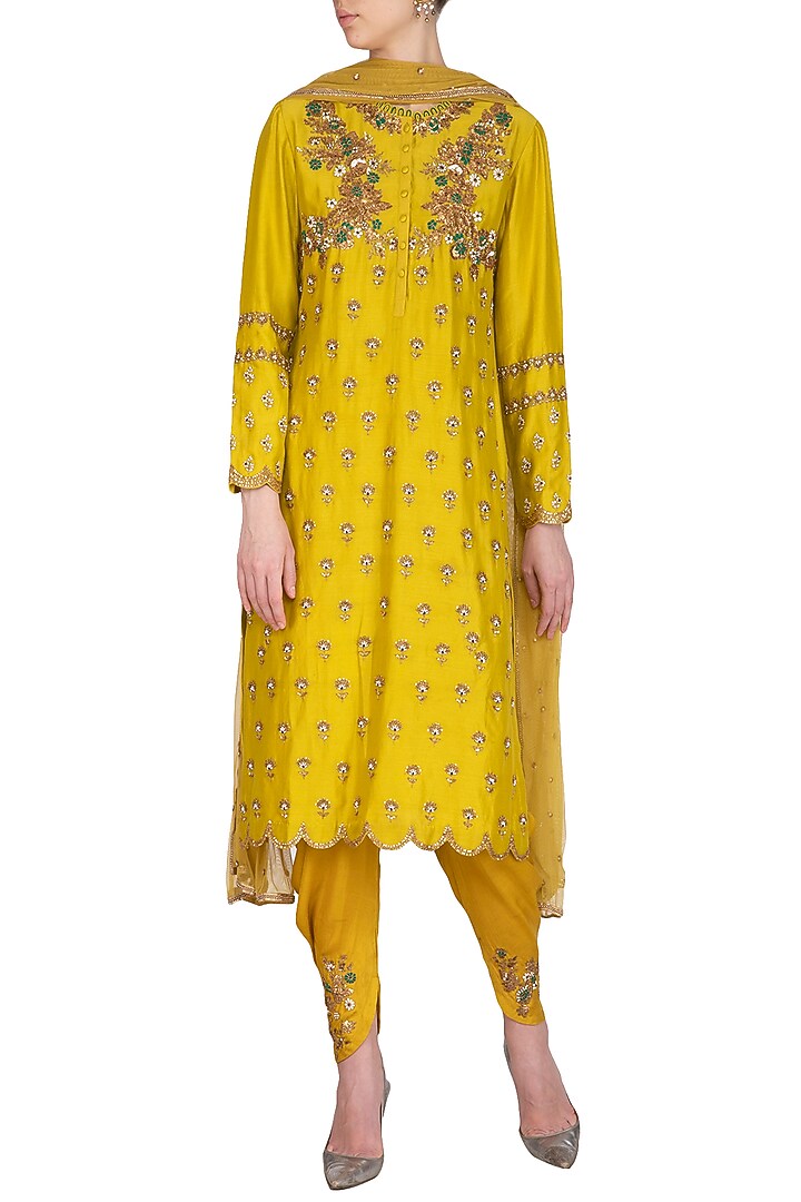 Lemon Yellow Embroidered Kurta Set by Joy Mitra at Pernia's Pop Up Shop