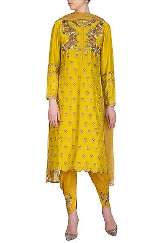 Lemon Yellow Embroidered Kurta Set by Joy Mitra