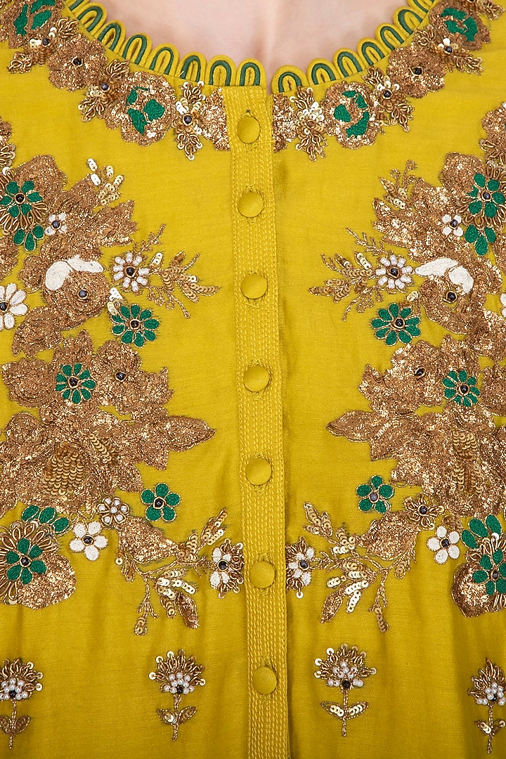 Lemon Yellow Embroidered Kurta Set by Joy Mitra at Pernia's Pop Up Shop