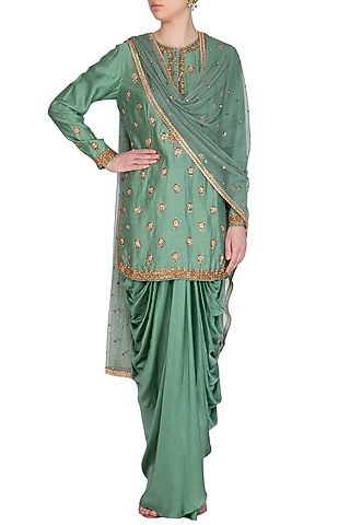 Green Embroidered Kurta Set by Joy Mitra