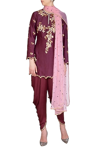 Wine Embroidered Kurta Set by Joy Mitra