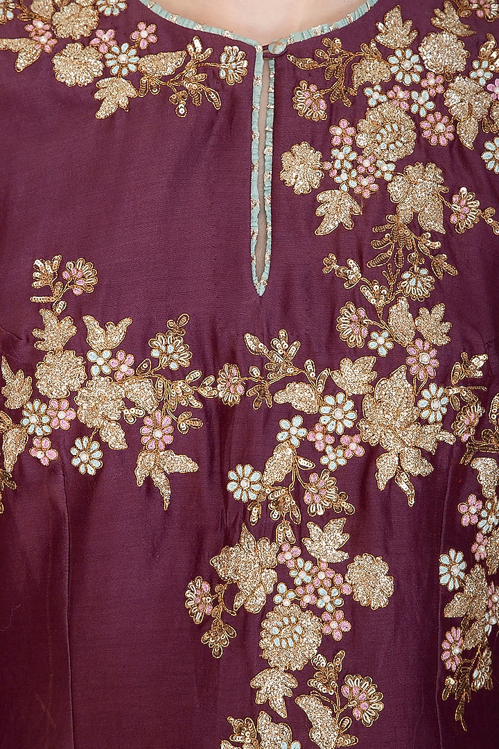 Wine Embroidered Kurta Set by Joy Mitra at Pernia's Pop Up Shop