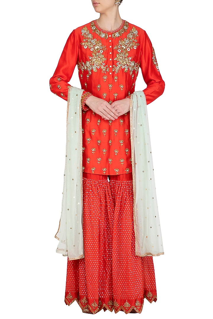 Orange Embroidered Gharara Set by Joy Mitra at Pernia's Pop Up Shop