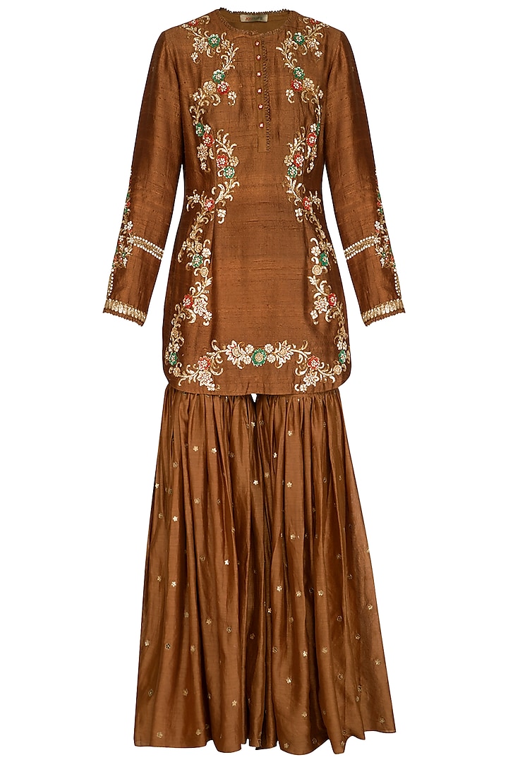 Brown Embroidered Gharara Set by Joy Mitra