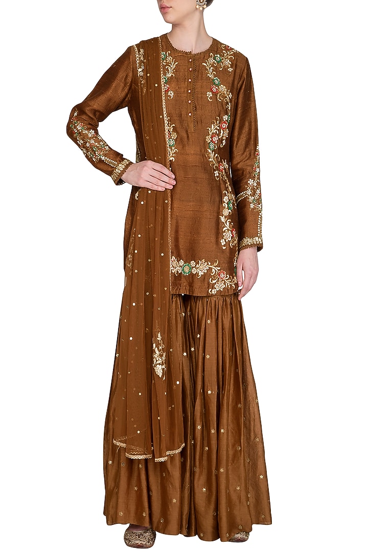 Brown Embroidered Gharara Set by Joy Mitra at Pernia's Pop Up Shop