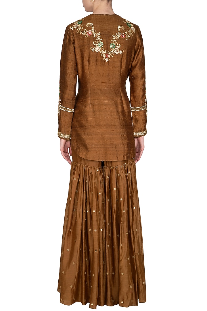 Brown Embroidered Gharara Set by Joy Mitra at Pernia's Pop Up Shop