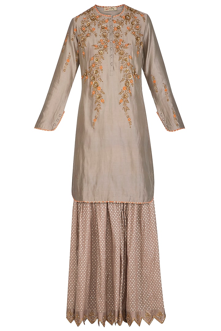 Grey Embroidered Gharara Set by Joy Mitra at Pernia's Pop Up Shop