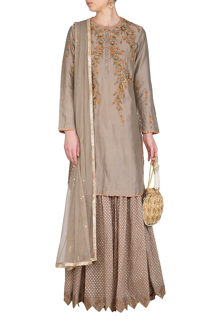 Grey Embroidered Gharara Set by Joy Mitra at Pernia's Pop Up Shop