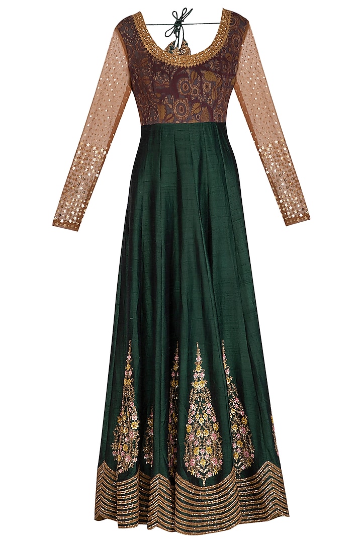 Green Embroidered Anarkali With Dupatta by Joy Mitra