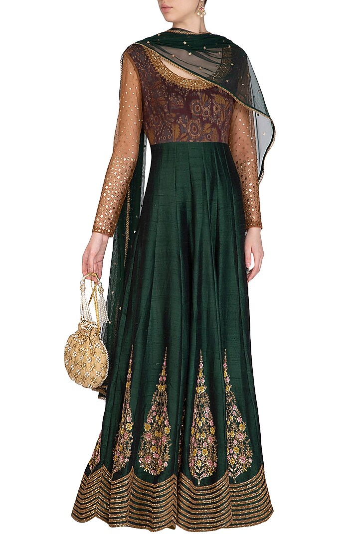 Green Embroidered Bridal Anarkali With Dupatta by Joy Mitra at Pernia's Pop Up Shop