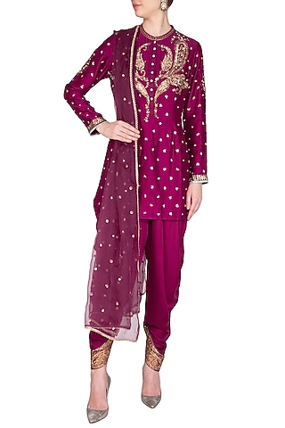 Magenta Embroidered Kurta Set by Joy Mitra