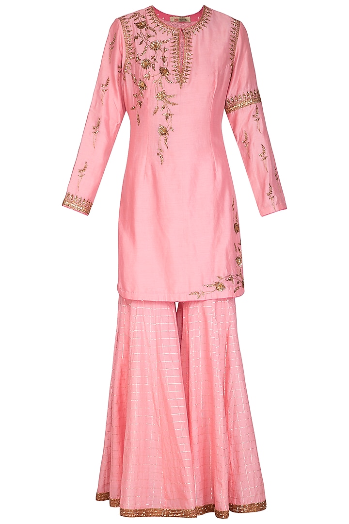 Pink Embroidered Gharara Set by Joy Mitra