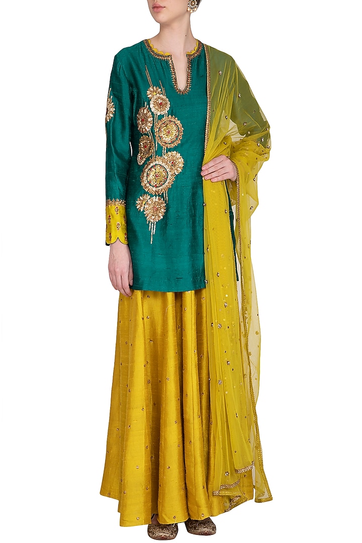 Green & Yellow Embroidered Wedding Lehenga Set by Joy Mitra at Pernia's Pop Up Shop