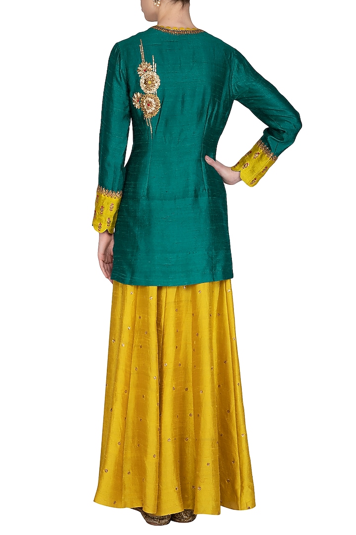Green & Yellow Embroidered Wedding Lehenga Set by Joy Mitra at Pernia's Pop Up Shop
