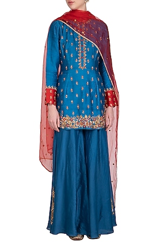 Blue Embroidered Kurta Set by Joy Mitra