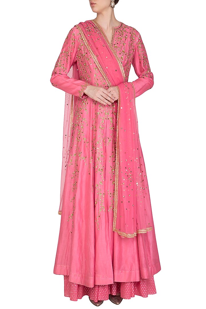 Pink Embroidered Bridal Anarkali Lehenga Set by Joy Mitra at Pernia's Pop Up Shop