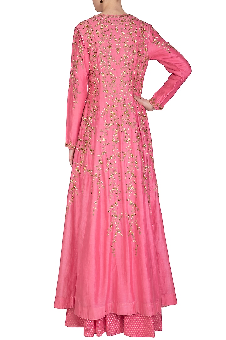 Pink Embroidered Bridal Anarkali Lehenga Set by Joy Mitra at Pernia's Pop Up Shop