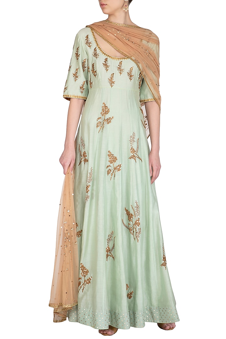 Mint Green Embroidered Wedding Anarkali With Dupatta by Joy Mitra at Pernia's Pop Up Shop