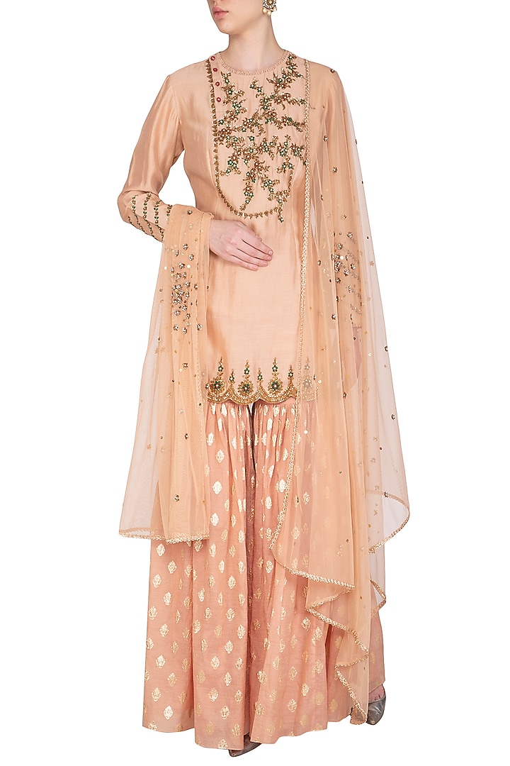 Peach Embroidered Gharara Set by Joy Mitra at Pernia's Pop Up Shop